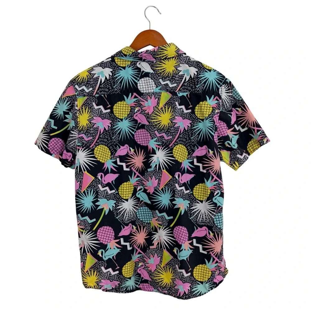 NEFF Mens M Flamingo Pineapple Tropical Print Button Down Shirt Black Vacation